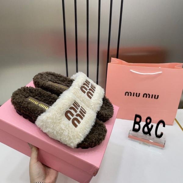 Miu Miu Fur White Brown Slippers For Her With OG Box Dust Bag & Carry Bag White Brown- 24D