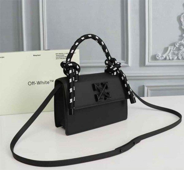 Off-White Leather Insert Black Gummy with Metallic Black Arrows At Front. Rope Handle Jitney 1.4 Shoulder Bag (D88532 Black)