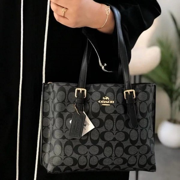 Coach Mollie Leather Tote Bag With Dust Bag & Shoulder Strap (C23021_Black_Black)(LB)