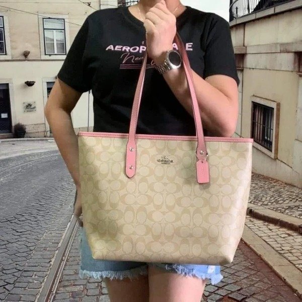Coach Signature City Tote Bag With OG Box & Dust Bag (Beige Pink-1127)