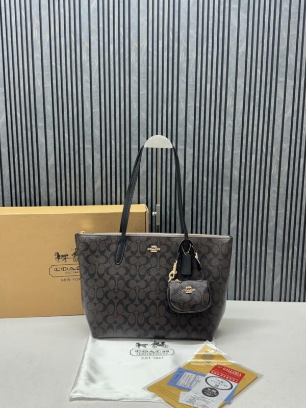 Coacch Fiona Coffee Tote Bag With Original Box Small Pouch Dustcover Tags And Card